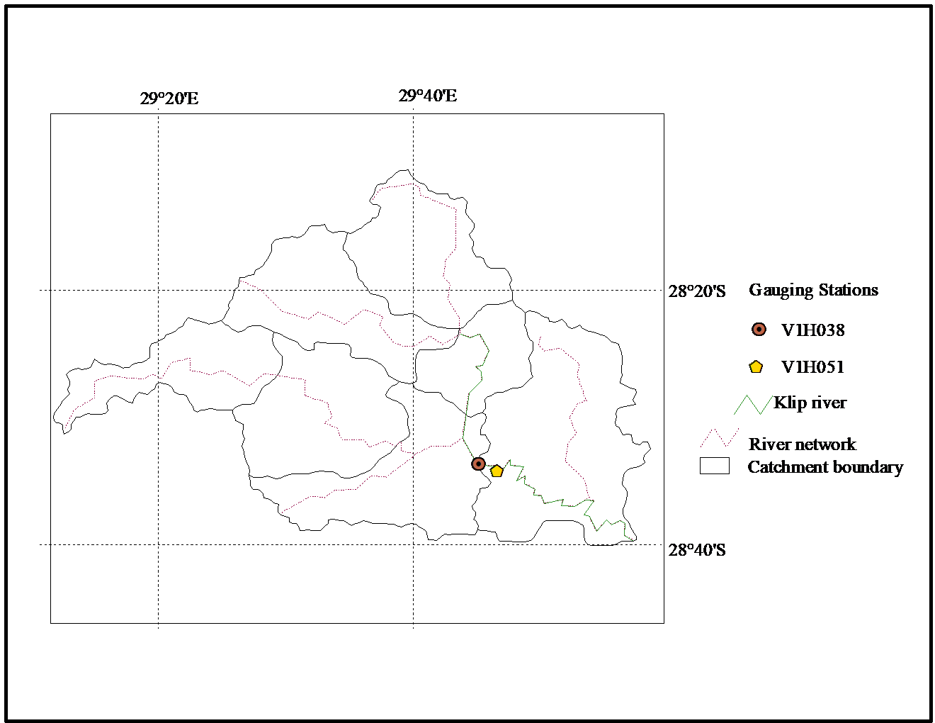 Figure 3.3 Selected gauging stations at the Klip river in Sub-catchment-I.