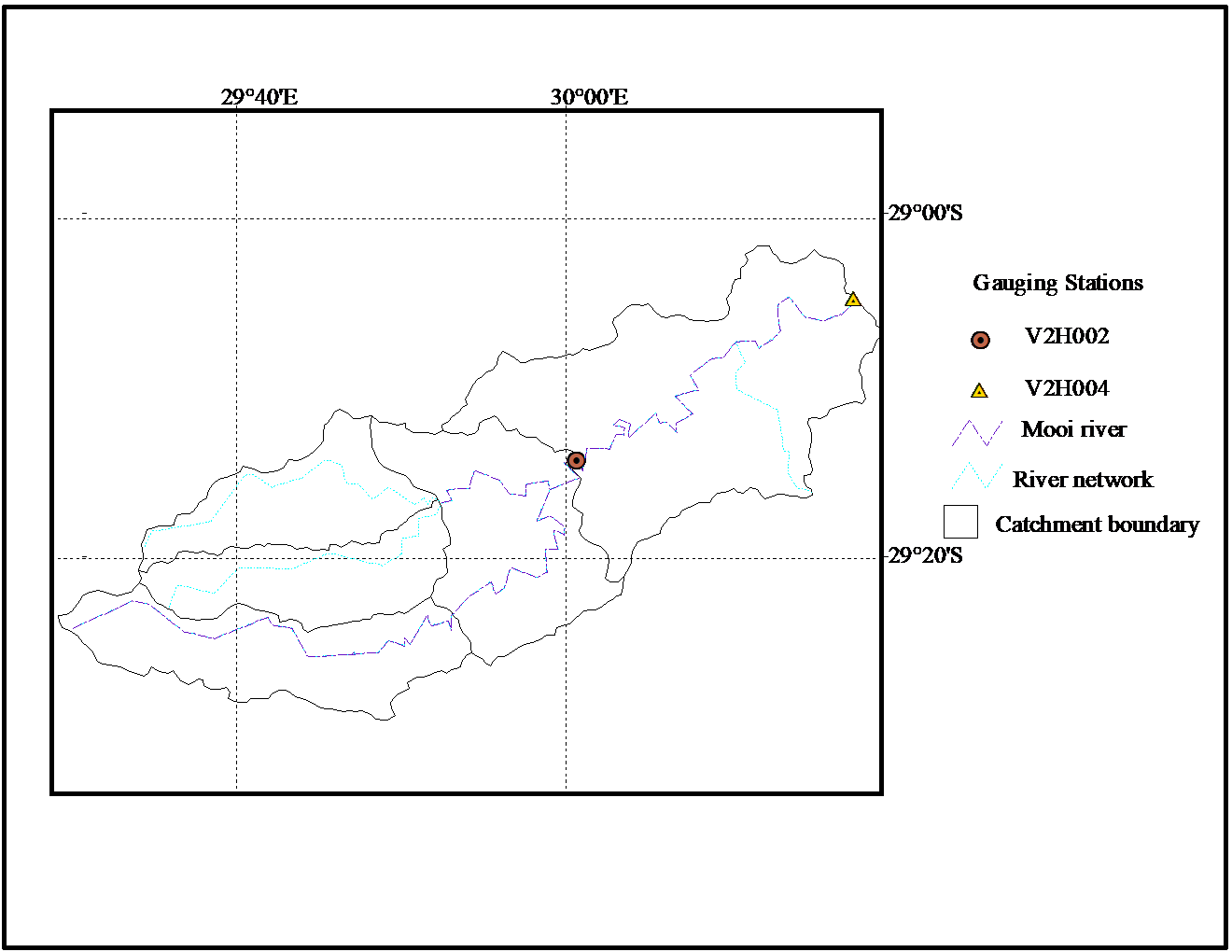 Figure 3.4 Selected gauging stations at the Mooi River in Sub-catchment-II.