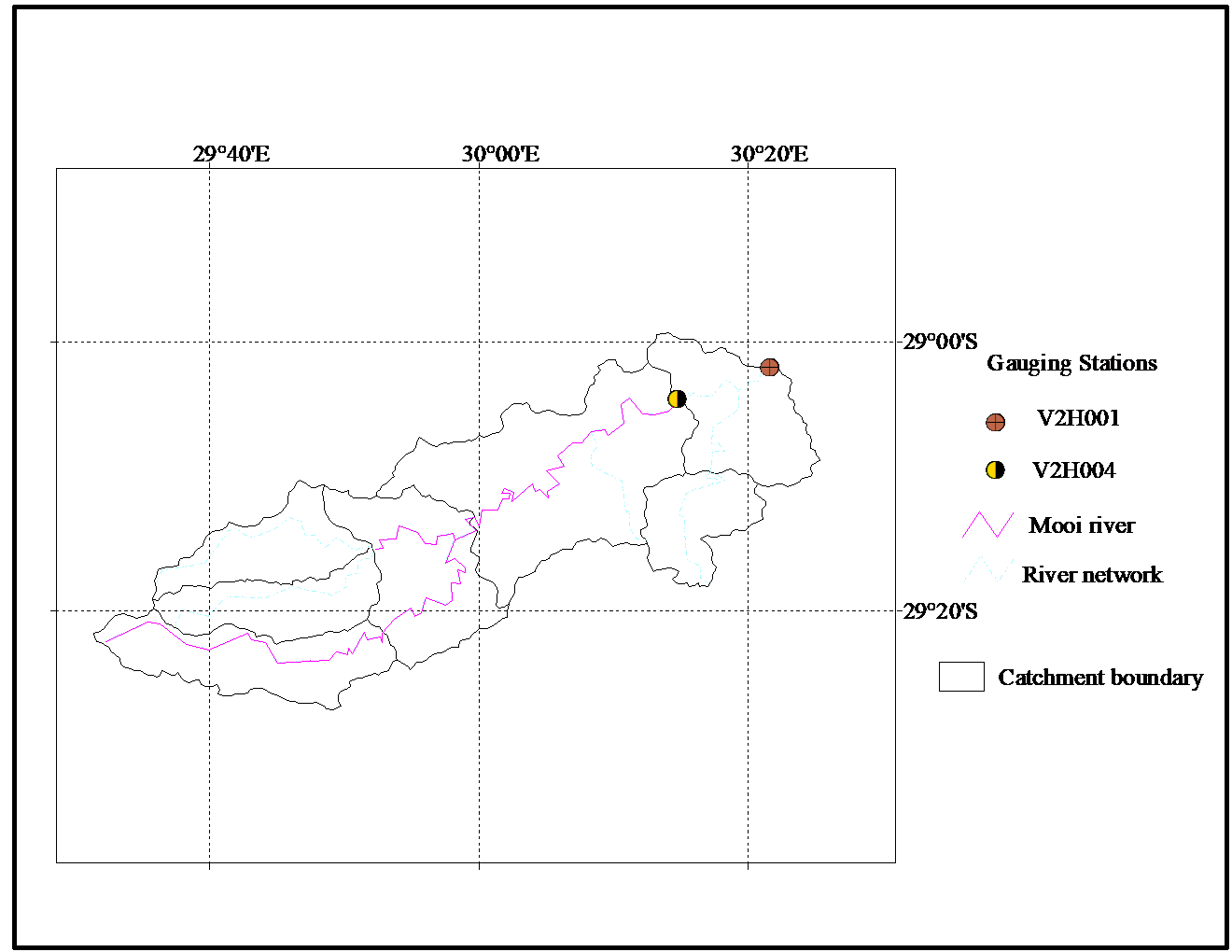 Figure 3.5 Selected gauging stations at the Mooi River in Sub-catchment-III. 